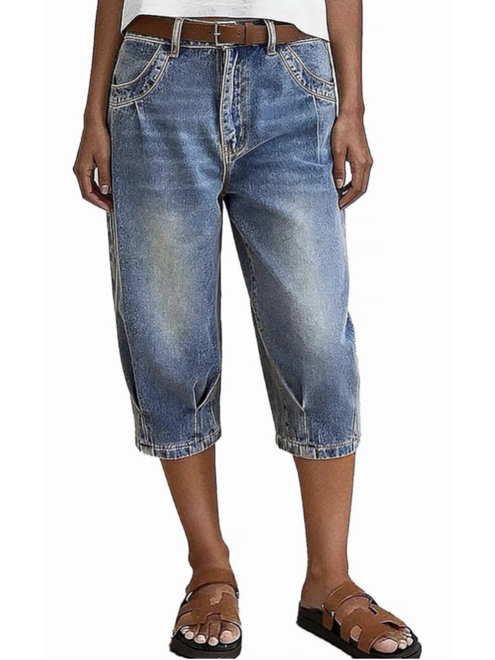 Flamingals Straight Leg Mid Rise Capri Wash Pleated Trendy Jeans M